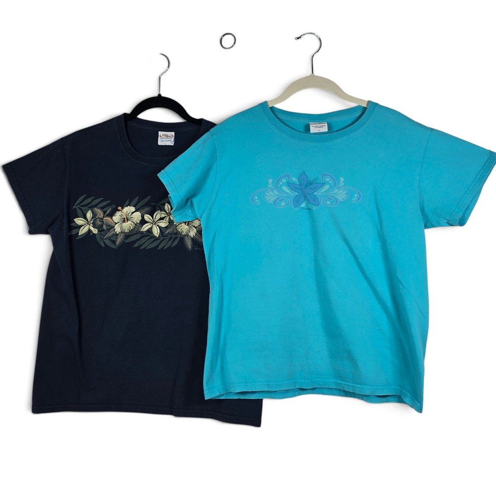 90s Crazy Shirts T-Shirt Women L Hawaii Floral Hibiscus Navy Turquoise Bundle 2p